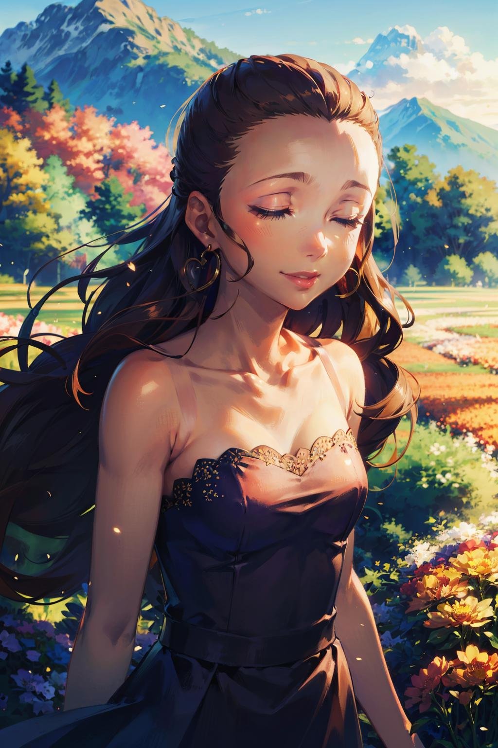 masterpiece, best quality, 1girl, solo, looking at viewer, medium breasts, mature female, collarbone, <lora:eriminami-guy-v2:.95>, eriminami, forehead, hair behind ear, hair pulled back, earrings, lipstick, dress, flower field, mountain, depth of field, closed eyes, strapless dress, happy, smile, 