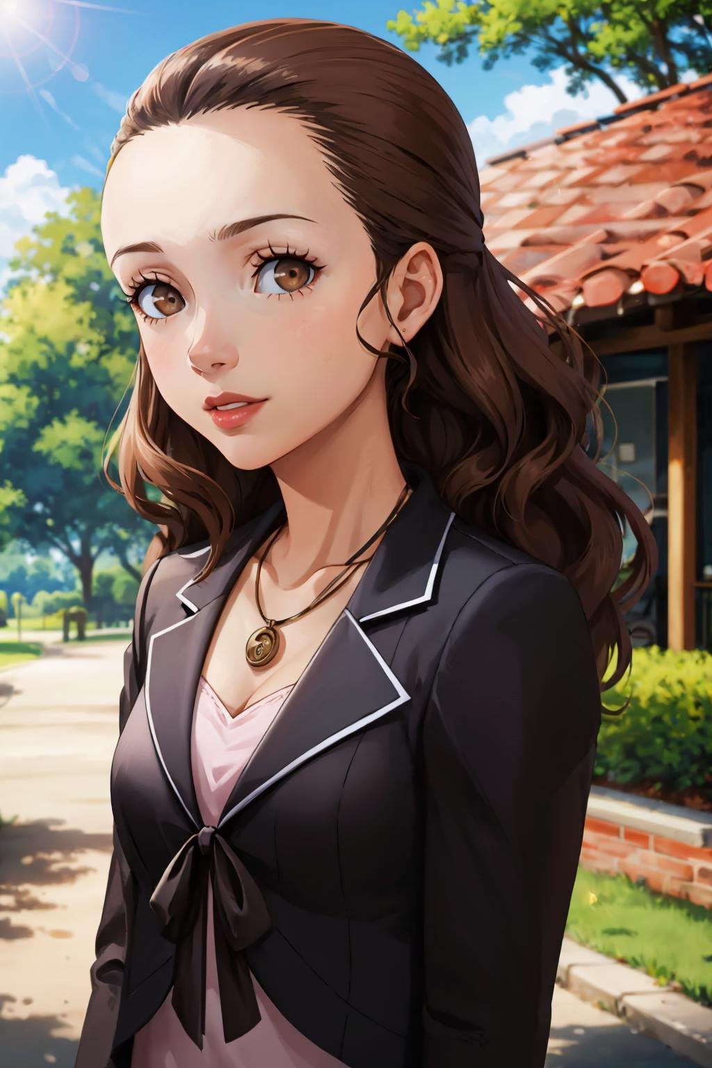 masterpiece, best quality, outdoors, lens flare, light particles, depth of field, 1girl, solo, looking at viewer, medium breasts, <lora:eriminami-guy-v2:1>, eriminami, forehead, hair behind ear, lipstick, necklace, jacket, tied jacket, black jacket, dress, pink dress, park, tree, blue sky, 