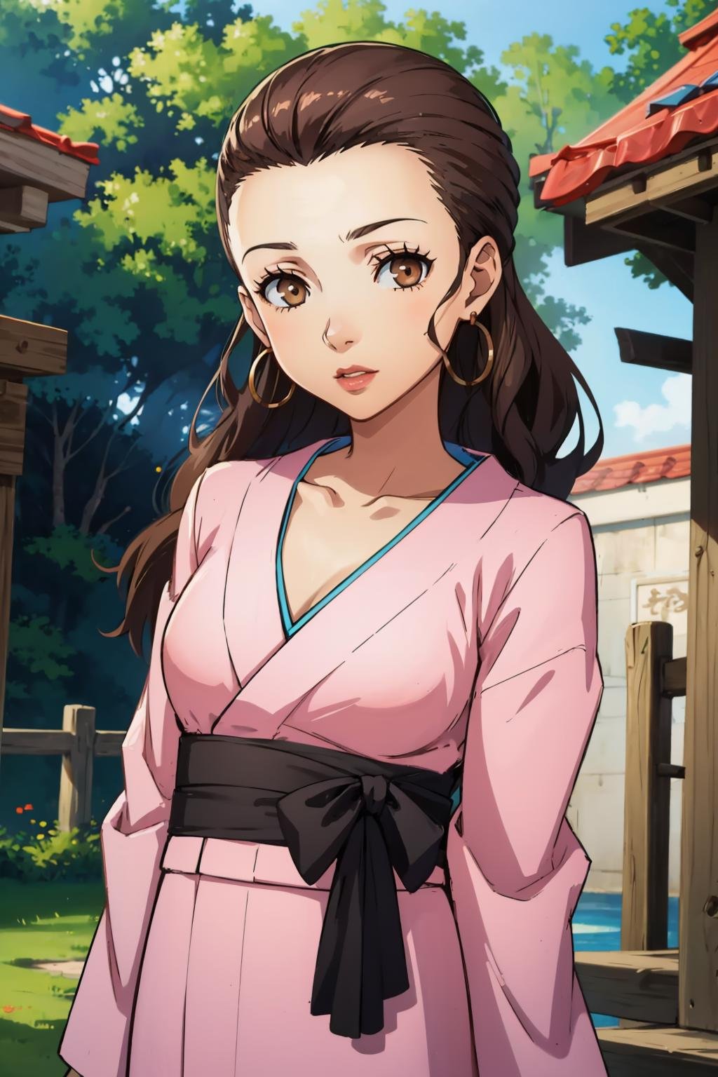 masterpiece, best quality, 1girl, solo, looking at viewer, medium breasts, mature female, collarbone, <lora:eriminami-guy-v2:.95>, eriminami, forehead, hair behind ear, hair pulled back, earrings, lipstick, kimono, outdoors, shrine, cowboy shot, 