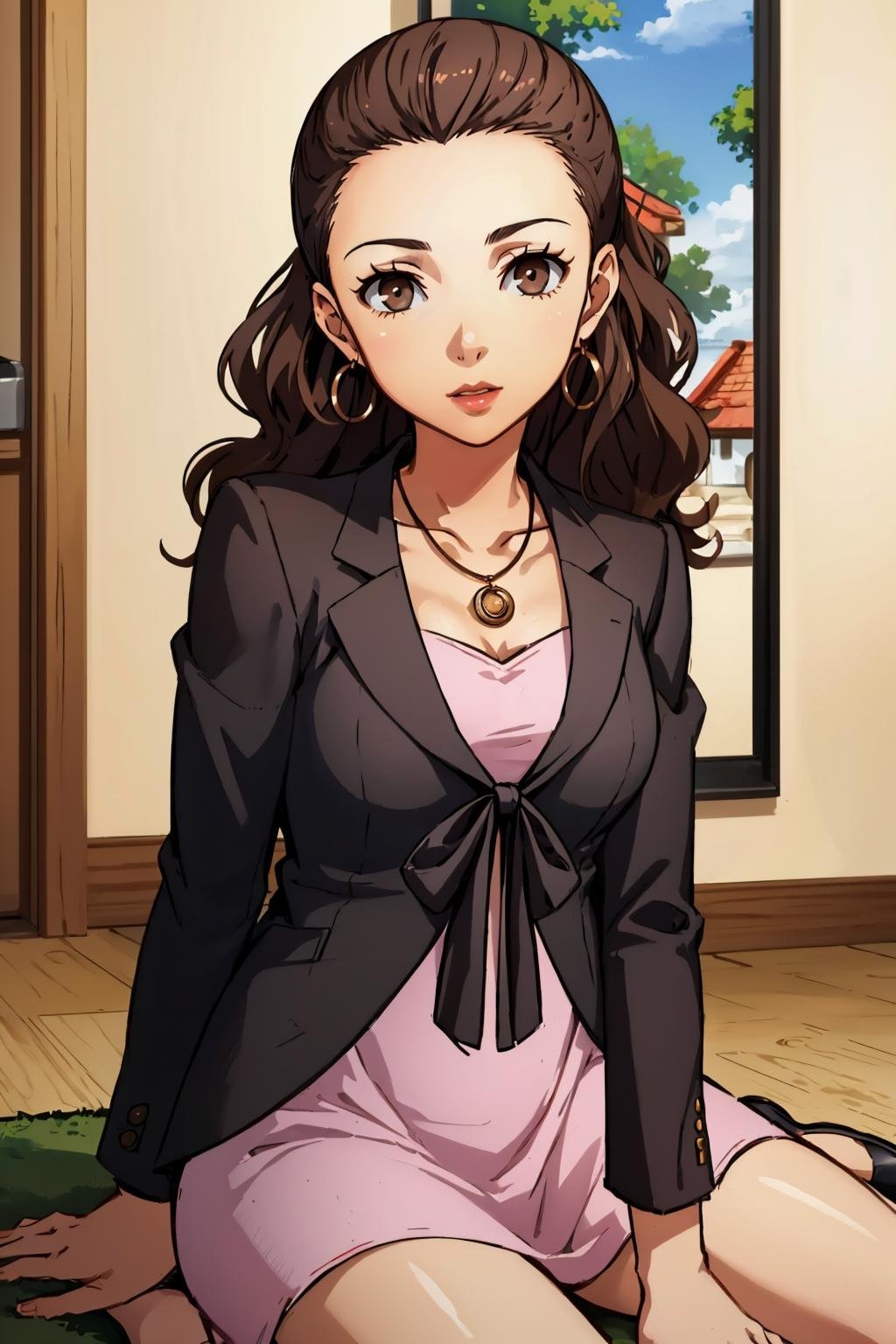 masterpiece, best quality, 1girl, solo, looking at viewer, medium breasts, mature female, collarbone, <lora:eriminami-guy-v2:1>, eriminami, forehead, hair behind ear, earrings, lipstick, necklace, jacket, tied jacket, black jacket, dress, pink dress, indoors, wariza, sitting, 