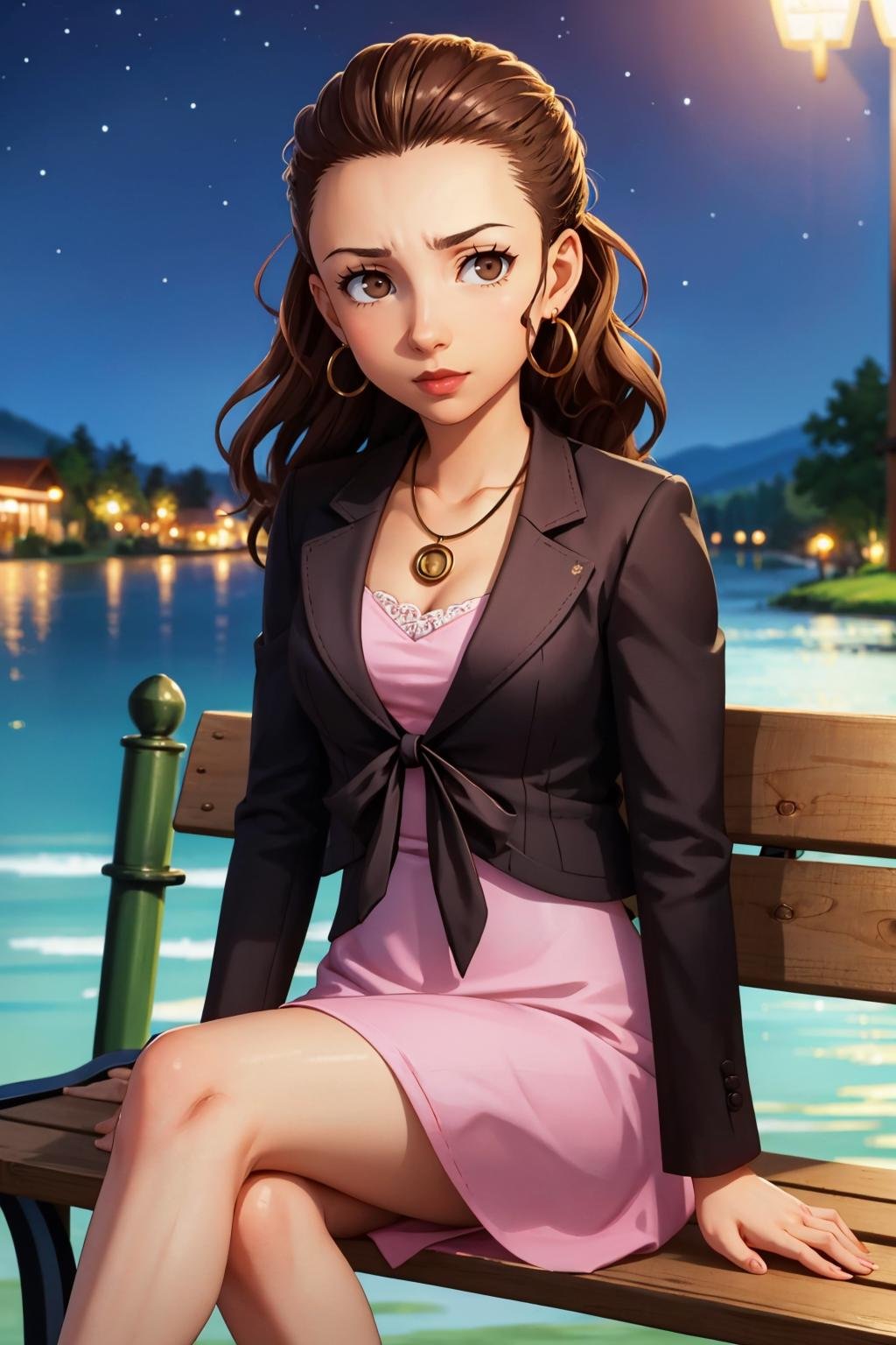 masterpiece, best quality, 1girl, solo, looking at viewer, medium breasts, mature female, collarbone, <lora:eriminami-guy-v2:1>, eriminami, forehead, hair behind ear, earrings, lipstick, necklace, jacket, tied jacket, black jacket, dress, pink dress, lake, sitting, bench, sad, outdoors, night sky