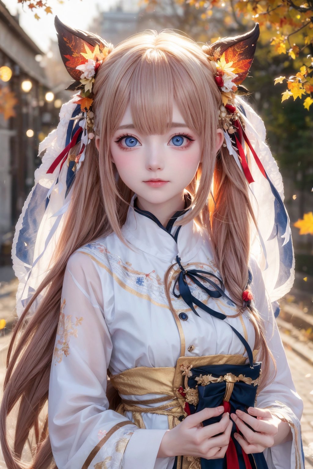 (8k, best quality, masterpiece:1.2),(best quality:1.0), (ultra highres:1.0), a beautiful girl, hair ribbons, by agnes cecile, from head to waist, extremely luminous bright design,autumn lights, long hair, big eyes, amazing eyes, details eyes,
