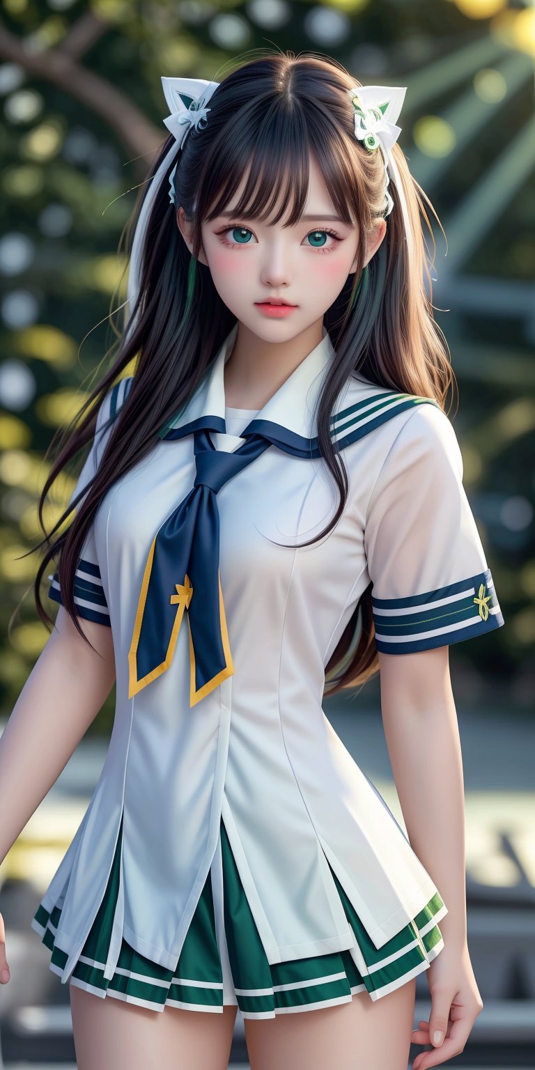 (((8k, best quality, masterpiece:1.2),(best quality:1.0), (ultra highres:1.0))), realistic, RAW, a beautiful girl,  17 years old, ((green white sailor uniform, school uniform, tie, small round breast)), from head to waist, extremely luminous bright design, autumn lights, long hair,  natural eyes, realistic eyes, (((dynamic pose))), ((dark blue background)), ,,<lora:659111690174031528:1.0>