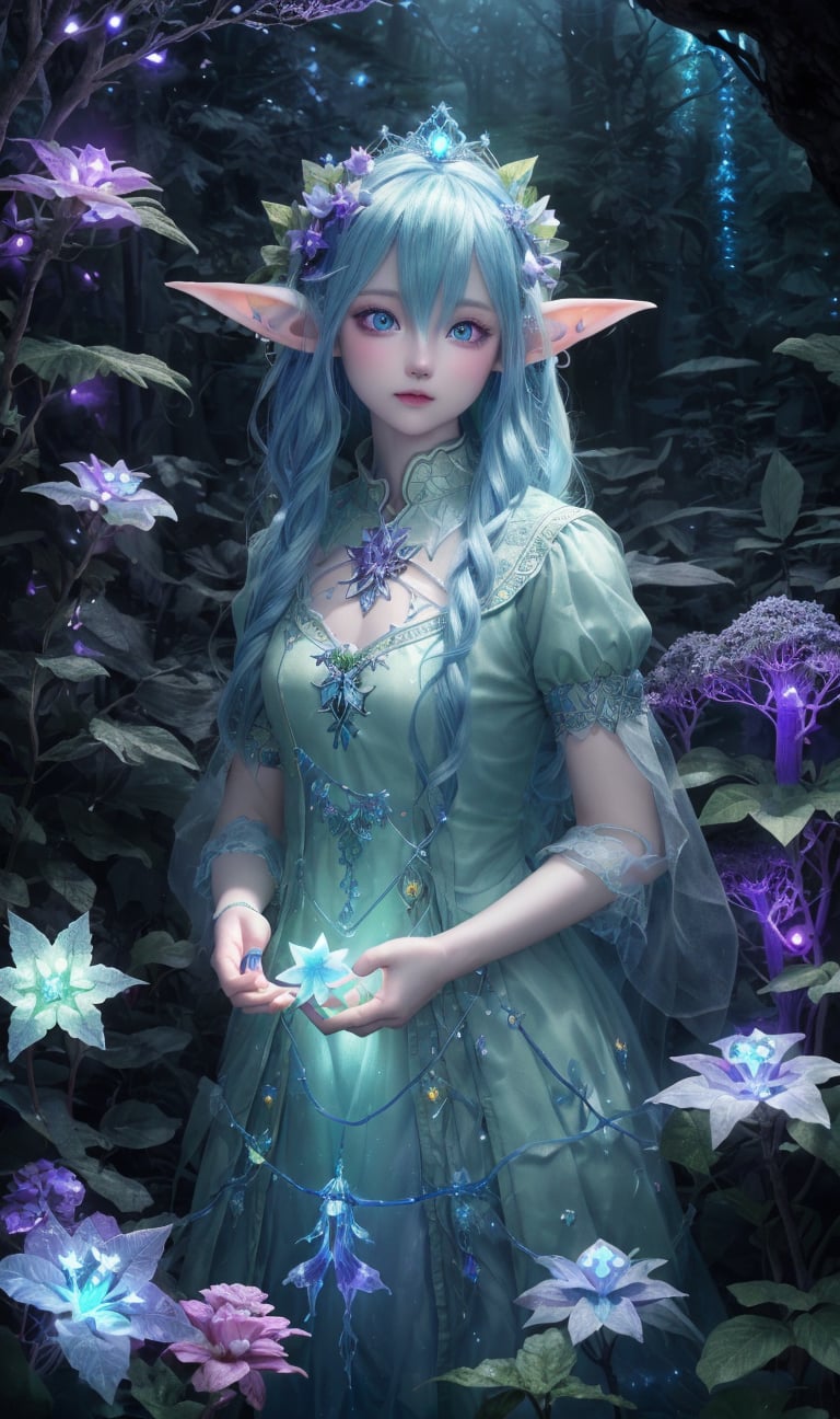 HDR, Ultra detailed illustration of a elf  with crown lost in ((a magical world full of wonders forest)), unique luminous flora, highly detailed, pastel colors,  digital art, art by Mschiffer, night, dark, blue bioluminescence, (darkness background:1.2), 1girl, white skin, pale skin, 
