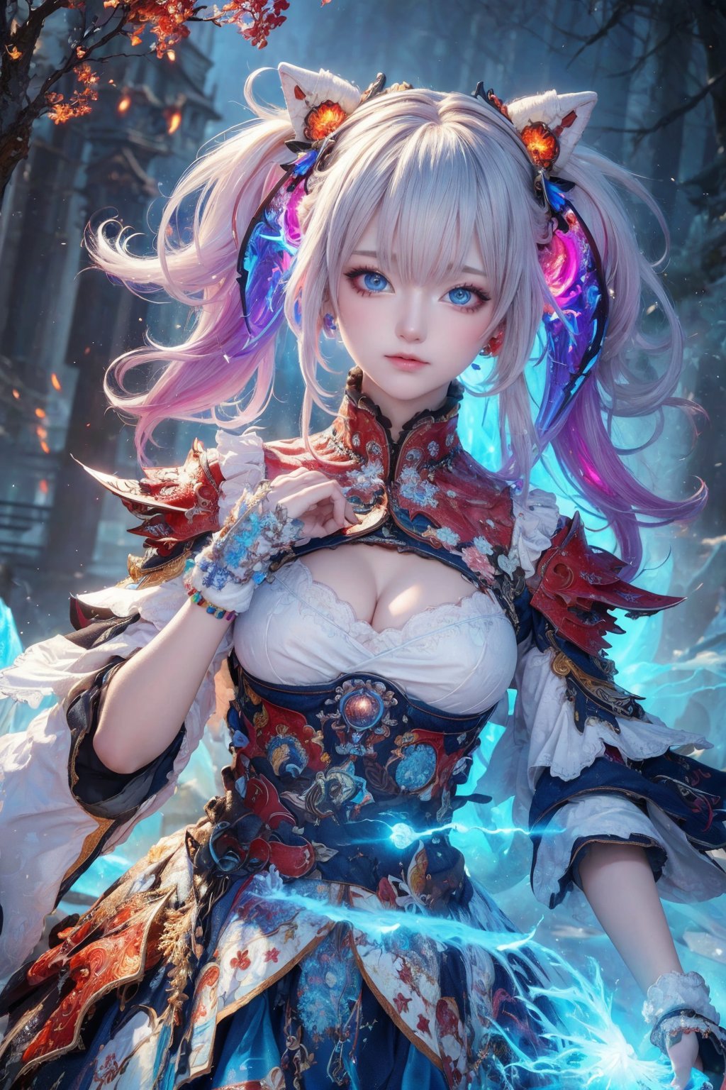 (masterpiece, top quality, best quality, official art, beautiful and aesthetic:1.2), (1girl), extreme detailed,(abstract, fractal art:1.3),colorful hair,highest detailed, detailed_eyes, fire, water, ice, lightning, light_particles, ghost,