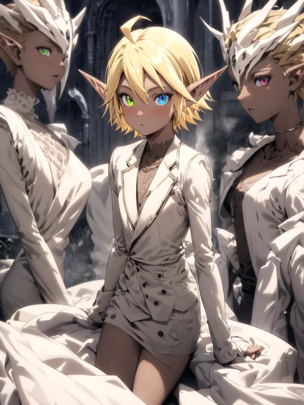 //Quality,
masterpiece, best quality, detailed
,//Character,
solo, Aura Bella Fiora \(overlord\), 1girl, short hair, blonde hair, blue eyes, green eyes, heterochromia, pointy ears, dark skin, elf, ahoge
,//Fashion,
,//Background,
,//Others,