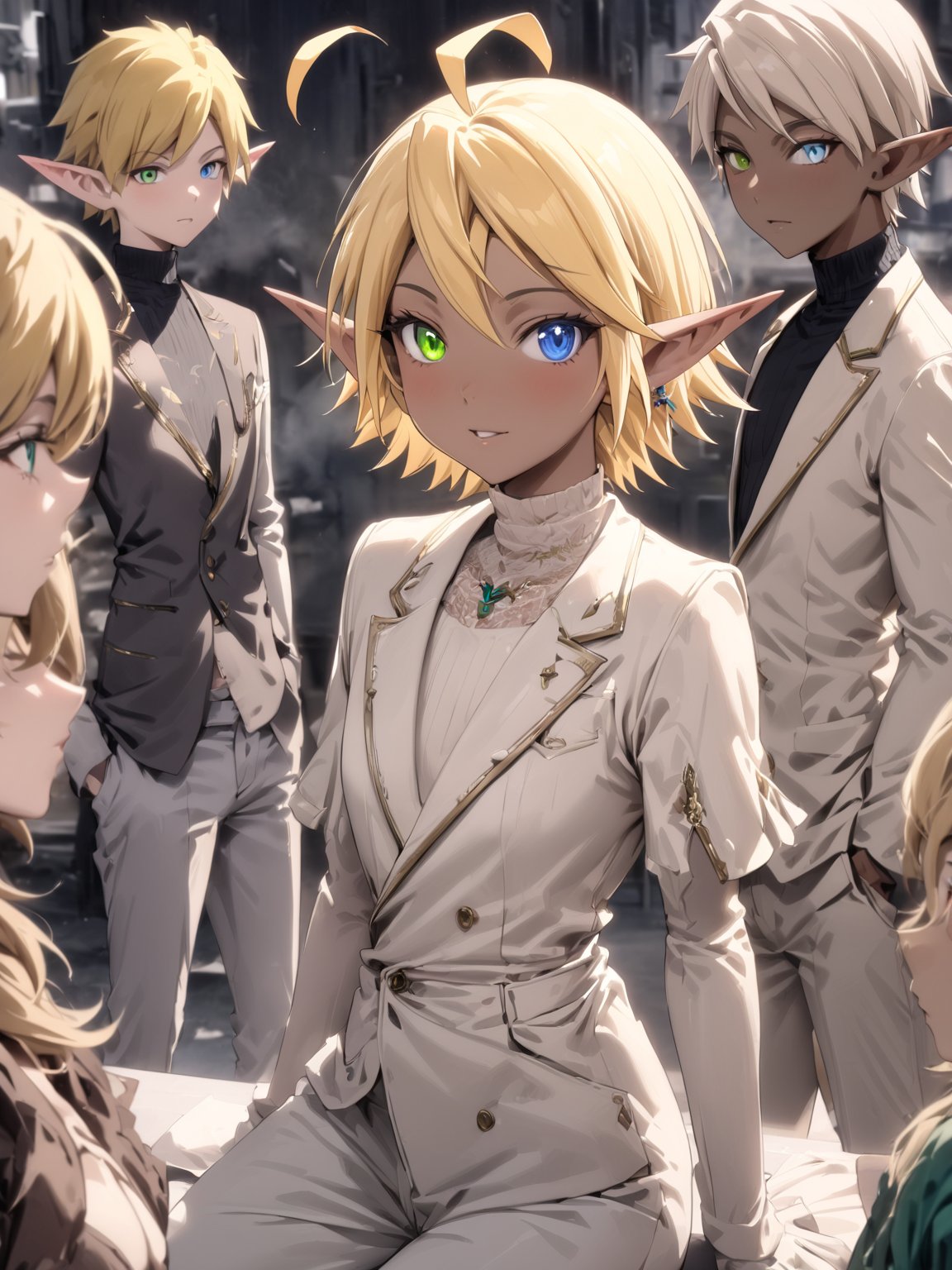 //Quality,
masterpiece, best quality, detailed
,//Character,
Aura Bella Fiora \(overlord\), 1girl, short hair, blonde hair, blue eyes, green eyes, heterochromia, pointy ears, dark skin, elf, ahoge
,//Fashion,
,//Background,
,//Others,