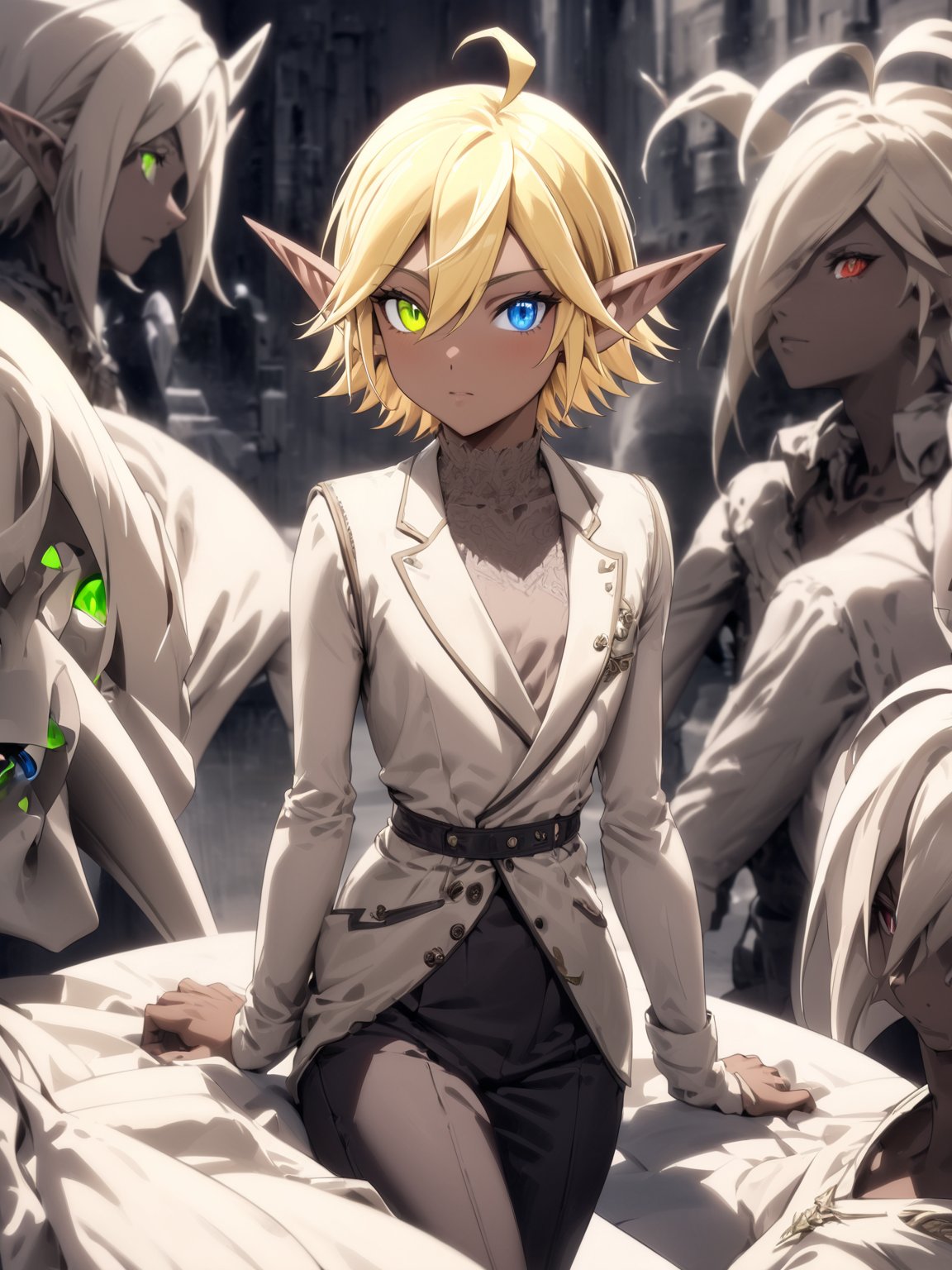 //Quality,
masterpiece, best quality, detailed
,//Character,
solo, Aura Bella Fiora \(overlord\), 1girl, short hair, blonde hair, hair between eyes, blue eyes, green eyes, heterochromia, pointy ears, dark skin, elf, ahoge
,//Fashion,
,//Background,
,//Others,