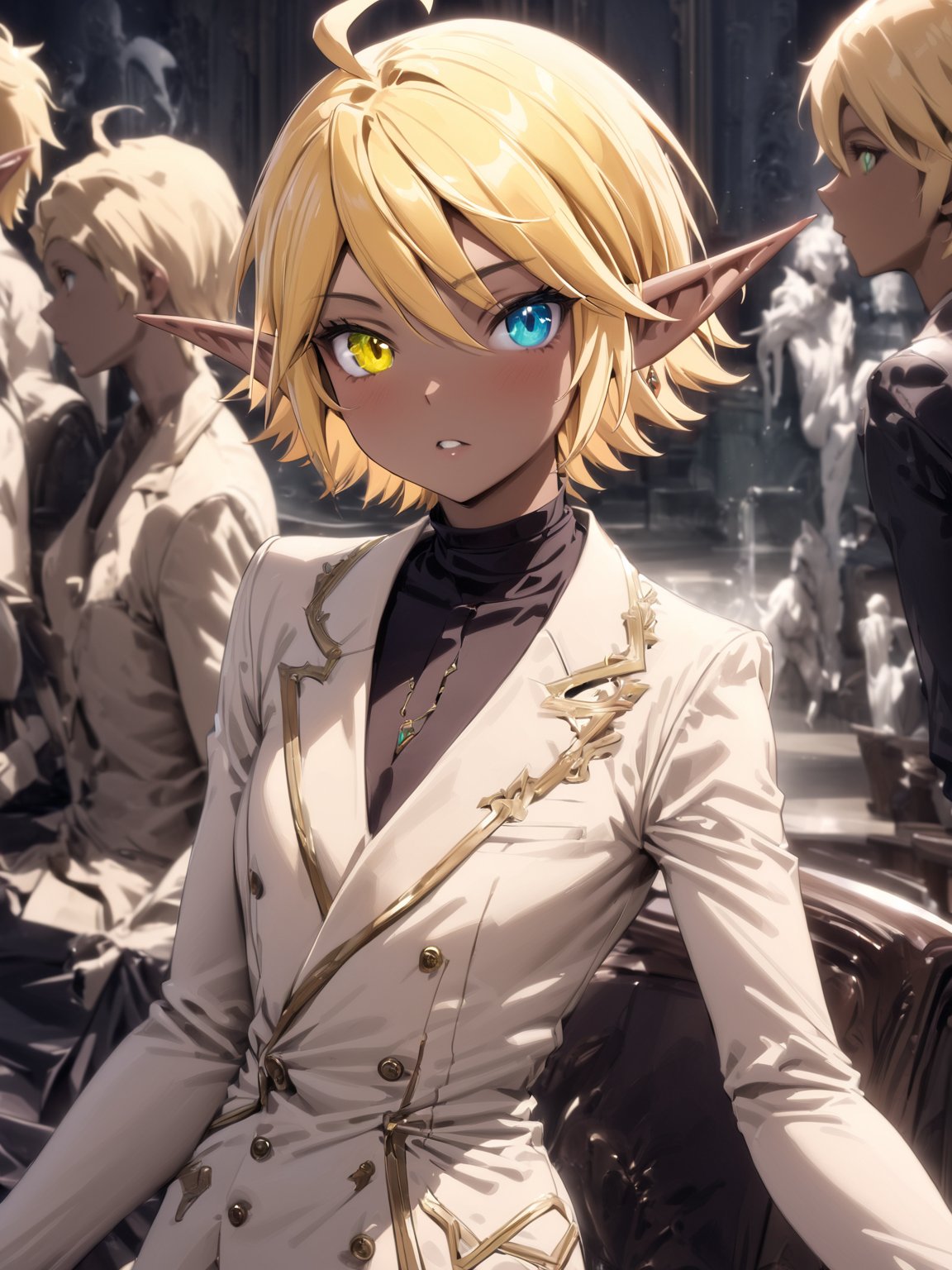 //Quality,
masterpiece, best quality, detailed
,//Character,
1girl, solo
,//Fashion,
,//Background,
,//Others,
,Aura Bella Fiora \(overlord\), 1girl, short hair, blonde hair, blue eyes, green eyes, heterochromia, pointy ears, dark skin, elf, ahoge