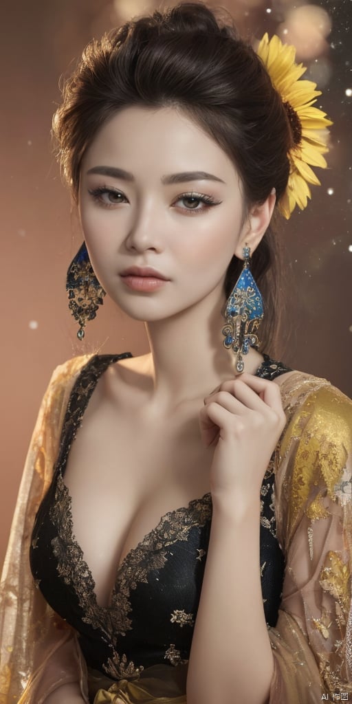  1girl,Han Chinese girls,yellow Hanfu,chinese clothes,large breasts,sunflower,jewelry, earrings,lips, makeup, portrait, eyeshadow, realistic, nose,{{best quality}}, {{masterpiece}}, {{ultra-detailed}}, {illustration}, {detailed light}, {an extremely delicate and beautiful}, a girl, {beautiful detailed eyes}, stars in the eyes, messy floating hair, colored inner hair, Starry sky adorns hair, depth of field, large breasts,cleavage,blurry, no humans, traditional media, gem, crystal, still life, Dance,movements, All the Colours of the Rainbow,zj,
simple background, shiny, blurry, no humans, depth of field, black background, gem, crystal, realistic, red gemstone, still life,
