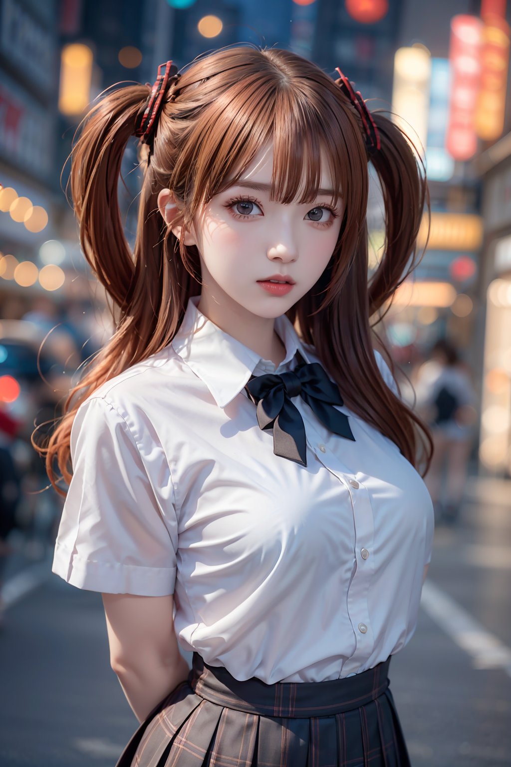 1girl, solo, orange hair, two side up hair, looking at viewer, brown eyes, anime waifu, upper body, parted lips, busty, blurry, lips, film noir, fantasy, dynamic, standng with arms behind back, noir, mafia, yakuza, ((school uniform)), ,1 girl