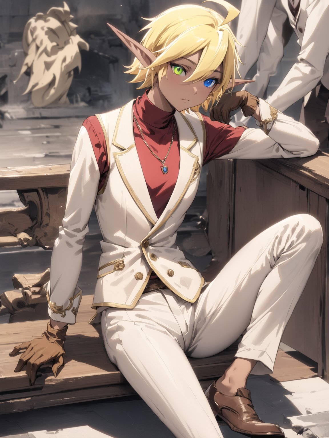 //Quality,
masterpiece, best quality, detailed
,//Character,
solo, Aura Bella Fiora \(overlord\), 1girl, short hair, blonde hair, hair between eyes, blue eyes, green eyes, heterochromia, pointy ears, dark skin, elf, ahoge
,//Fashion,
red shirt, long sleeves, brown gloves, necklace, white vest, white pants, brown footwear
,//Background,
,//Others,