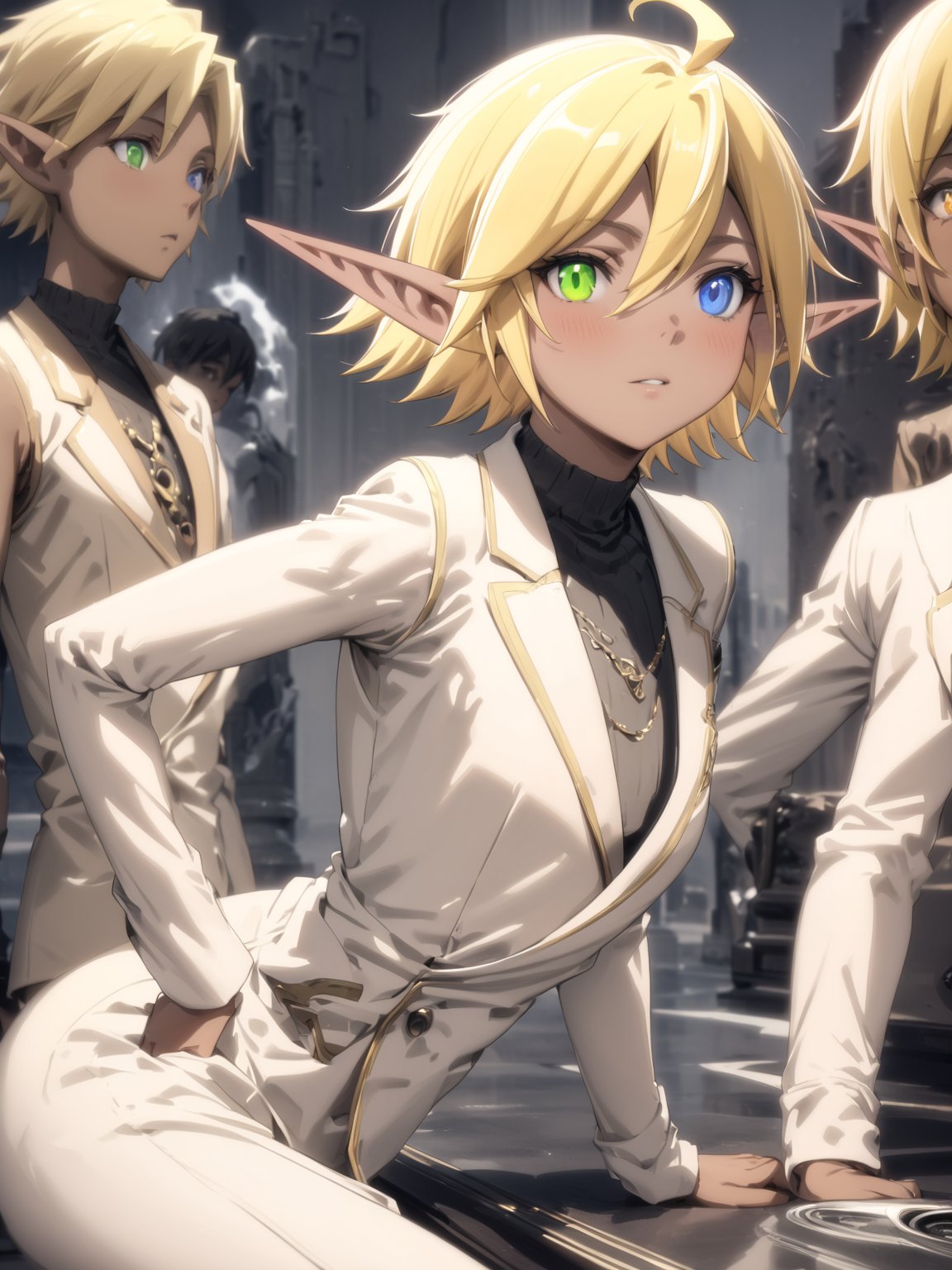 //Quality,
masterpiece, best quality, detailed
,//Character,
solo, Aura Bella Fiora \(overlord\), 1girl, short hair, blonde hair, hair between eyes, blue eyes, green eyes, heterochromia, pointy ears, dark skin, elf, ahoge
,//Fashion,
,//Background,
,//Others,