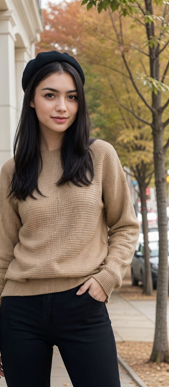 Generate hyper realistic image of a woman standing outdoors, her long brown hair gently swaying in the autumn breeze. She wears a sweater with long sleeves, black pants, and black footwear. A French hat adorns her head, complementing the black headwear. Behind her, a tall tree with leaves turning golden. The air is crisp, and a single leaf flutters down.photorealistic