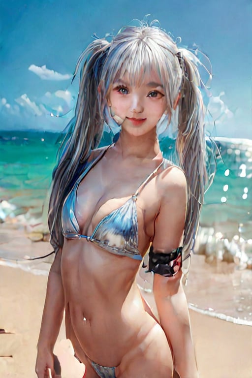 mariko Beautiful beach in the background.Describes from the waist up.(((Silver hair))),solo,1 girl,((((twintails)))),{dark-skin} {{{ Silver hair with a slight purplish }}},a, {{green  eyes}}, {{ultra detailed,best quality, highres, }},,
BREAK
((Background is a beautiful sandy beach with a clear view of the ocean))
Wearing a bikini. Describes from the waist up
Background is a beautiful sandy beach with a clear view of the ocean.
smile,detailed beautiful face, (clear eyes:1.4),photo 
realistic, photo realistic,8k, best quality, ultra detailed, (masterpiece:1.2), highly detailed background, Big and upward-curved eyes with a cute vibe,Thick eyebrows set slightly high {beautiful detailed upper body}, {medium_breasts}, Small and cute nose,Slender and athletic physique,Cute and cheerful vibe,
BREAK put heads together behind one's back.Photo of Pretty Japanese girl,detailed shadow, The upper third of the photo is the background, 