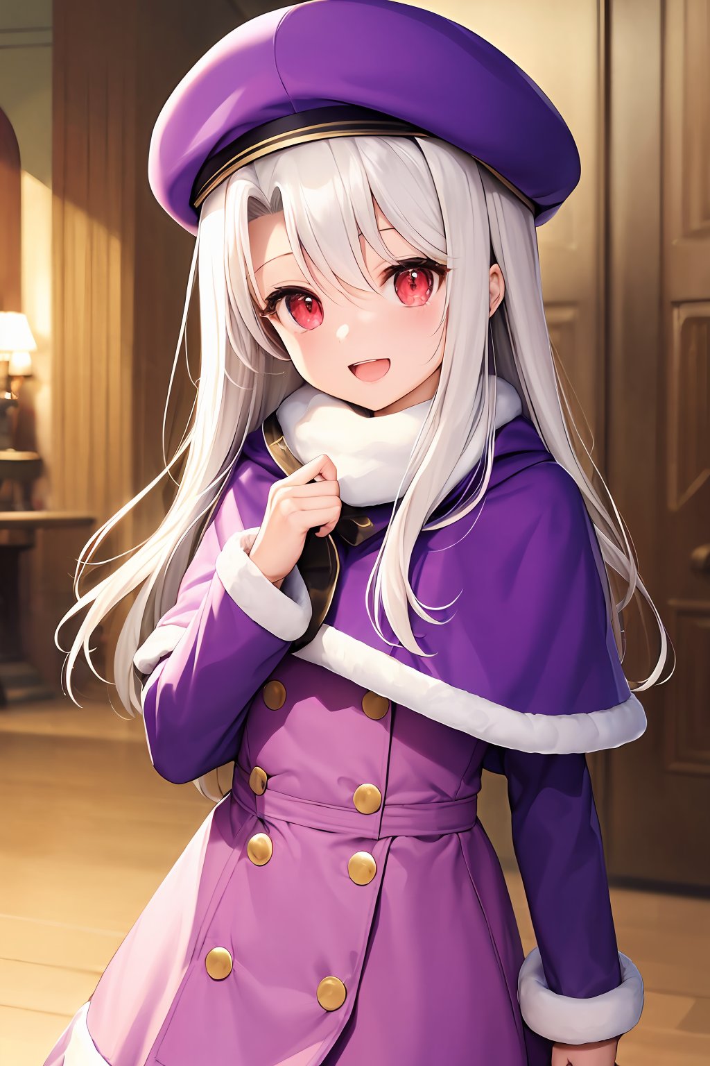 ((masterpiece, best quality, absurdres, highres, ultra detailed, high resolution, very fine 8KCG wallpapers)), 1 girl, solo, smile, open mouth, white hair, long hair, bangs, red eyes,  purple headwear, hat, fur hat, long sleeves, purple capelet, capelet, white scarf, coat, purple coat, scarf, dress, floating hair, blurry background, looking at viewer, production art, illyasviel von einzbern, papakha,