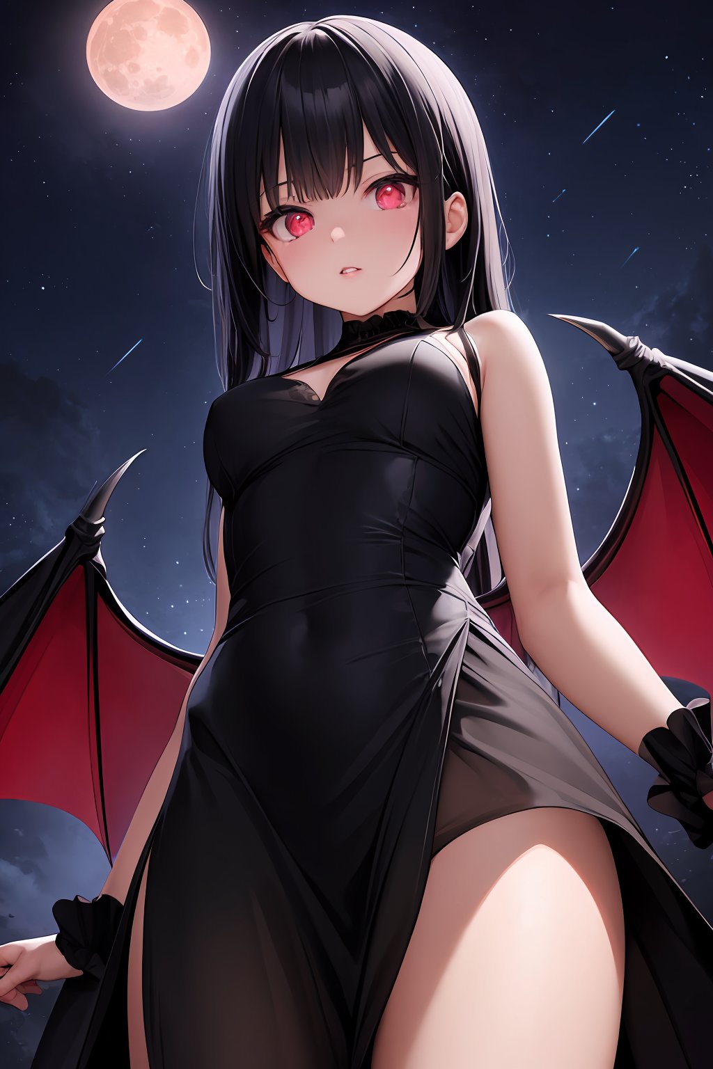 ((masterpiece, best quality, absurdres, highres, ultra detailed, high resolution, very fine 8KCG wallpapers)), 1 girl, solo, black hair, red eyes, red highlight, (beautifull detailed face, beautiful detailed eyes), parted lips, narrow waist, vampire, beautiful black dress, floating in the night sky, huge red full moon behind, dark, dark night, red light, glowing eyes, female, bat, wings, aerial, from below, front view, looking down, wide shot,