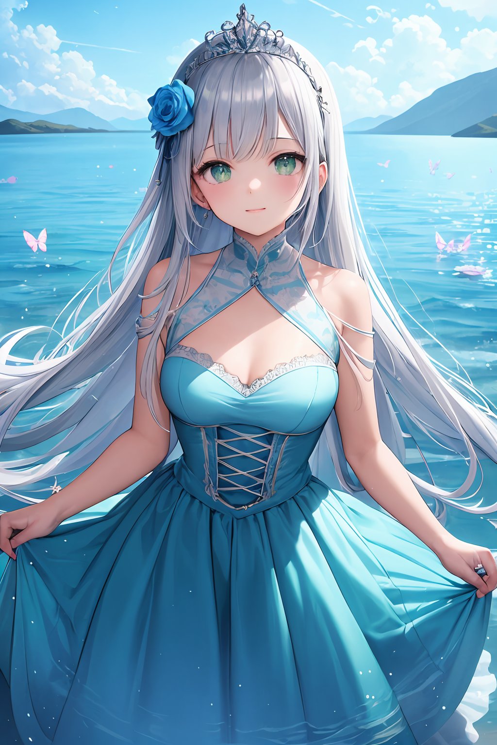 ((masterpiece, best quality, absurdres, highres, ultra detailed, high resolution, very fine 8KCG wallpapers)), 1 girl, solo, silver hair, long hair, green eyes, happy, anime girl in polar dress in a water filled environmentin, the style of light silver and light azure, delicate flowers, heavy shading, tiara, rococo style, princesscore, crystal theme, full of crystals, light blue, butterfly, blue rose, amedee ozenfant, elaborate costumes, flowing brushwork,