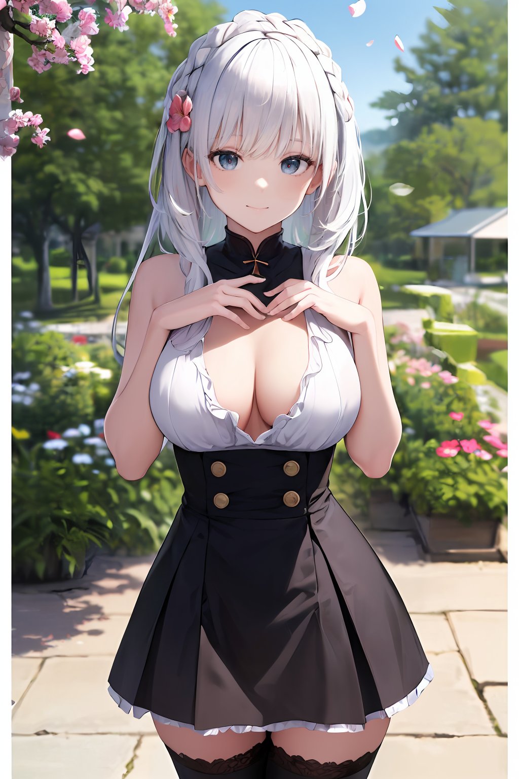 ((masterpiece, best quality, absurdres, highres, ultra detailed, high resolution, very fine 8KCG wallpapers)), 1 girl, solo, (seductive smile:0.6), white hair, low-braided long hair, breasts, thighhighs, delicate composition, blurry foreground, dynamic view, beautiful detailed garden, fluttered detailed petal, grow, nice hands,  perfect hands,