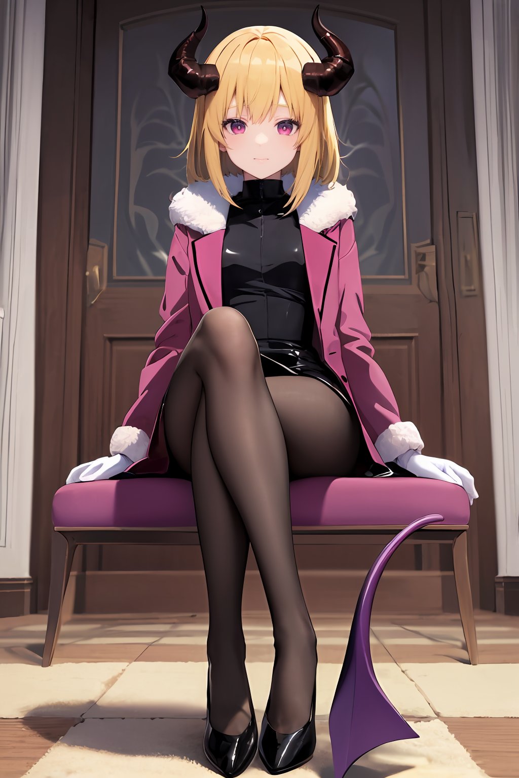 ((masterpiece, best quality, absurdres, highres, ultra detailed, high resolution, very fine 8KCG wallpapers)), 1 girl, solo, (exceptional best aesthetic, newest, extremely detailed, anime:1.2), blonde hair, pink eyes, purple fur coat, wings, purple coat, purple fur-trimmed jacket, fur coat, winter coat, black dress, black leather dress, demon, horns, demon wings, demon tail, black leather dress, pantyhose, high heels, white gloves, white heels, forked tail, spade tail, silk, mansion bedroom, inside, sitting, indoor, embroidery,