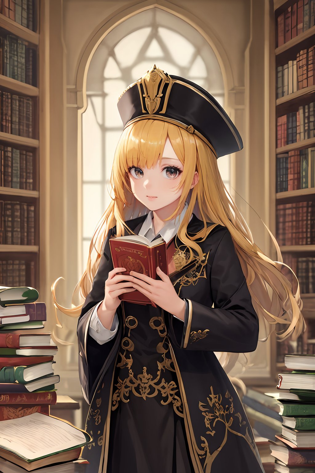 ((masterpiece, best quality, absurdres, highres, ultra detailed, high resolution, very fine 8KCG wallpapers)), 1 girl, solo, blonde hair, long hair, parted bangs, shiny messy hair, messy floating hair, shiny, beautiful detailed eyes, round eyes, small breasts, long coat with fringe, black robe with embroidery, hat with embroidery, boots, long skirt, gorgeous fringe, detailed clothes, 100 layer dress, watercolor painting, watercolor paper, detailed light, overexposure, an extremely delicate and beautiful, looking at viewer, extremely detailed background, depth of field, dynamic composition, cinematic lighting, ink painting background, fantasy, in the library, magic circle, bookshelfs, many books, european, scolar, thin metal decorations, antique, daytime, vintage color, french braid, magic books, tower of books, floating many books, clock, nice hands,  perfect hands,