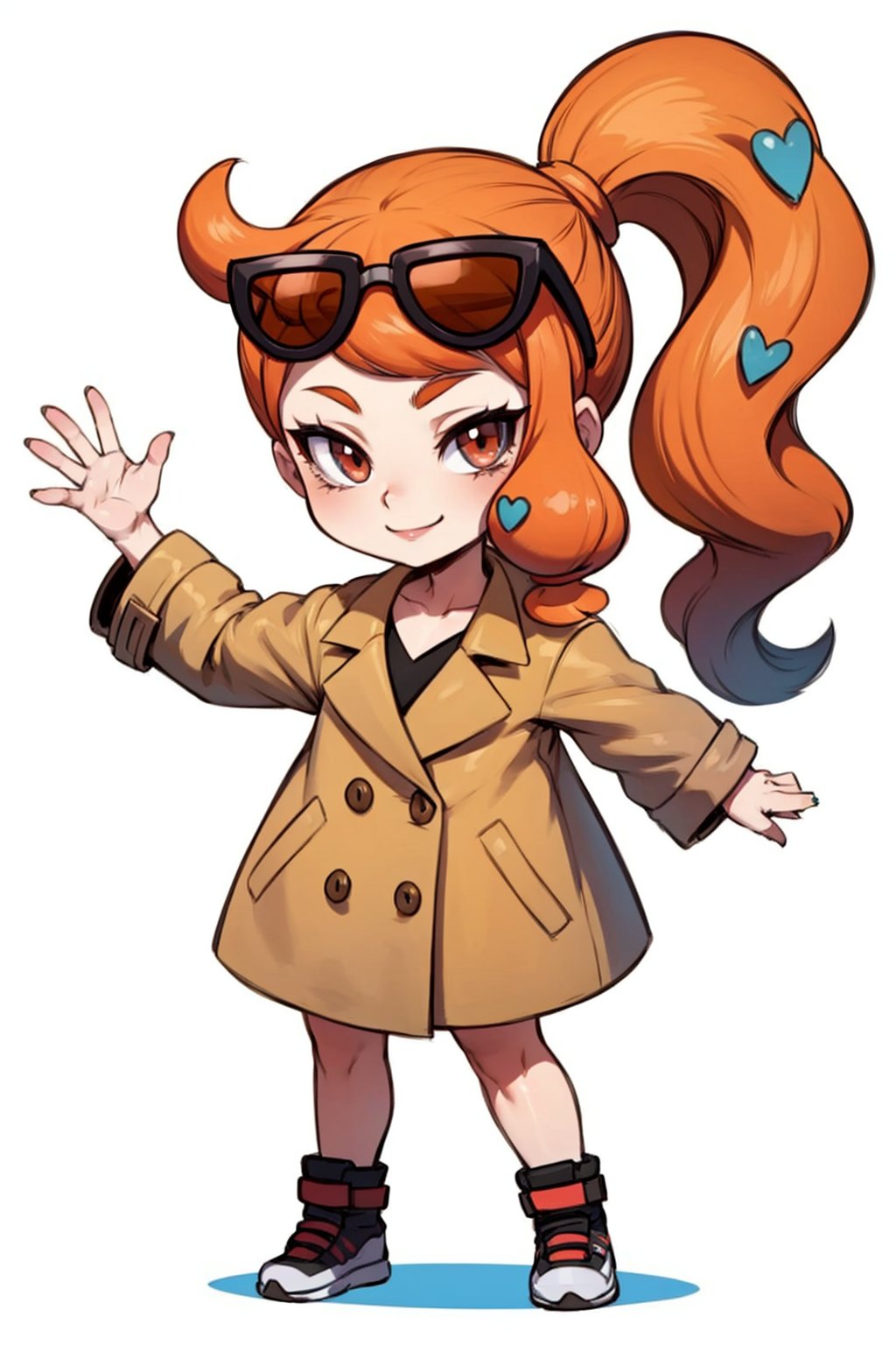 <lora:PKMN_Sonia-DEF:0.7> sonia (pokemon), side ponytail, sunglasses on hair, hair ornaments, brown coat, raised arm, smile, chibi style, full body, white background