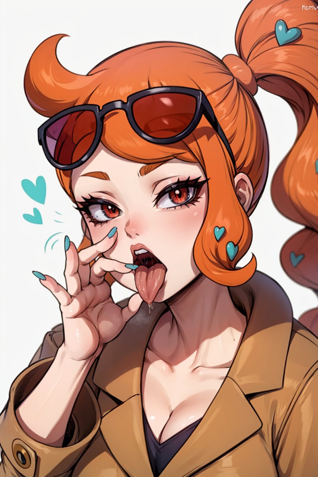 <lora:PKMN_Sonia-DEF:0.7> sonia (pokemon), side ponytail, sunglasses on hair, hair ornaments, brown coat, nail polish, tongue out, oral invitation gesture, white background  <lora:Oral_Invitation-DEF:0.7>