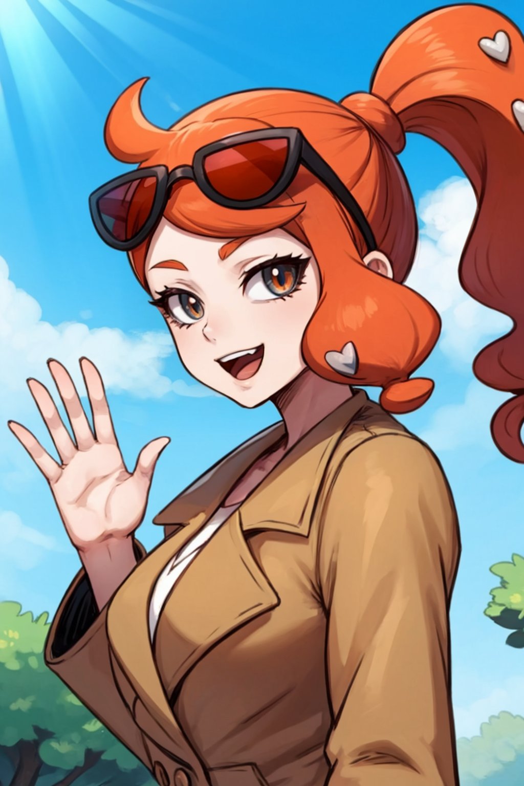<lora:PKMN_Sonia-DEF:0.8> sonia (pokemon), side ponytail, sunglasses on hair, hair ornaments, outdoors, brown coat, open mouth smile, upper body, waving at viewer