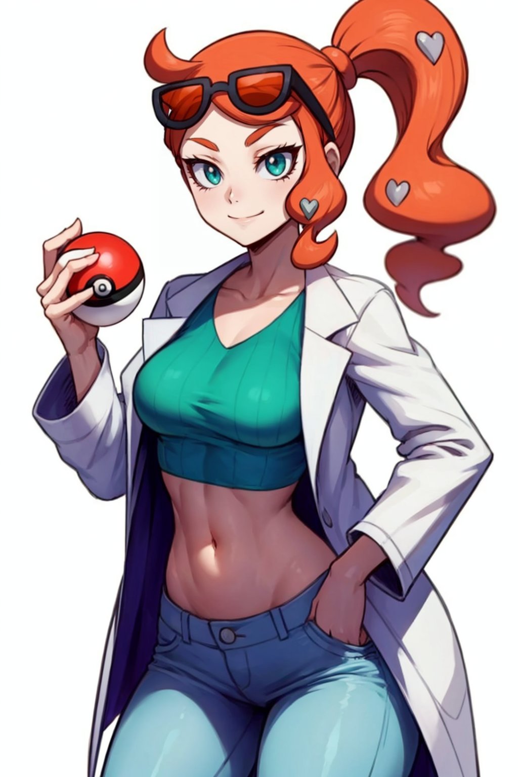 <lora:PKMN_Sonia-DEF:0.8> sonia (pokemon), side ponytail, sunglasses on hair, lab coat, hair ornaments, navel, green top, pants, holding poke ball, smile, cowboy shot, white background