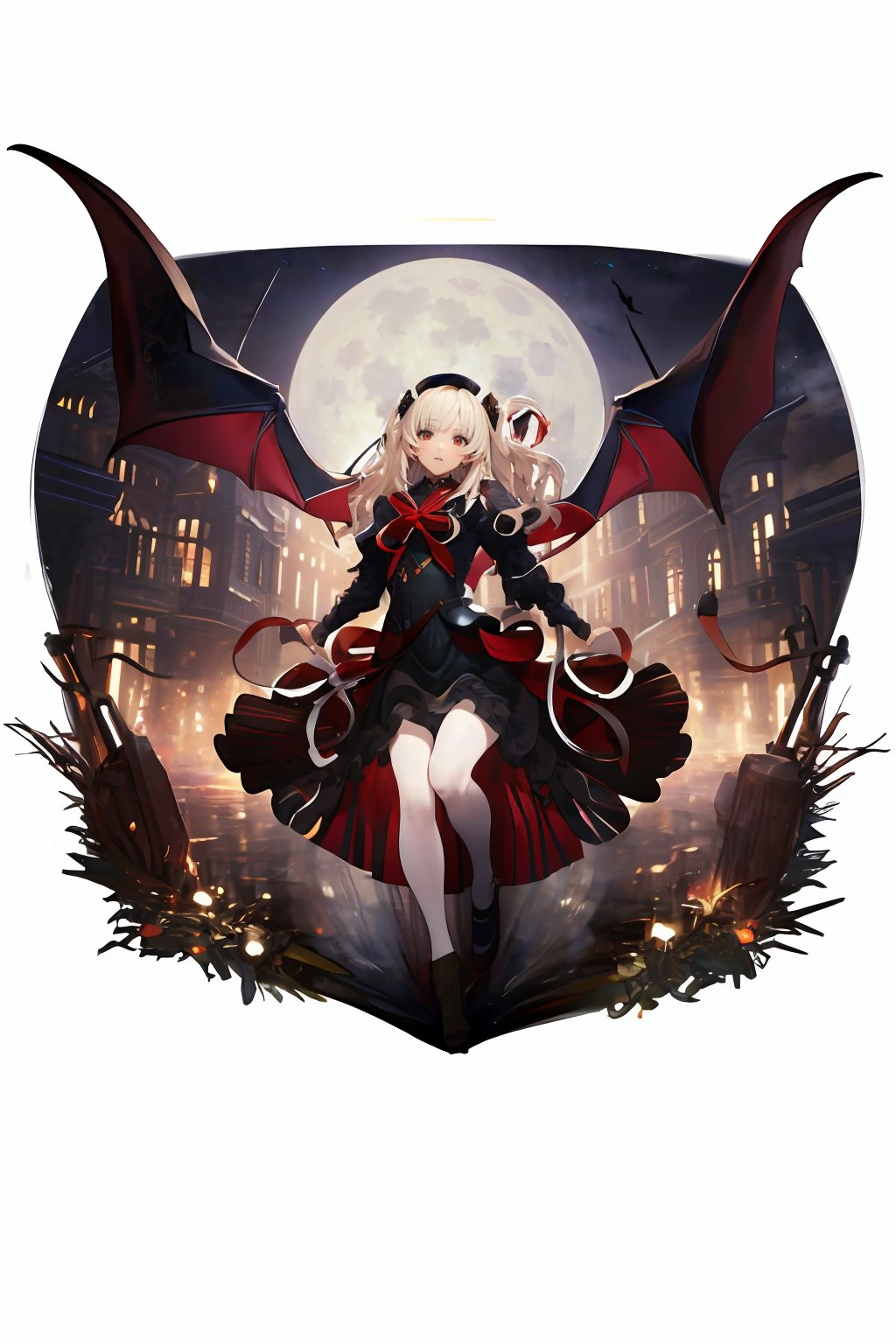 [(white background:1.5)::0.1], ((masterpiece, best quality, absurdres, highres, ultra detailed, high resolution, very fine 8KCG wallpapers)), (isometric:0.75), 1 girl, solo, expressionless, blonde hair, long hair, red eyes, vampire, beautiful black dress, bat wings, midnight, floating, in the night sky, full moon, fold one's arms, looking at viewer, upper body,