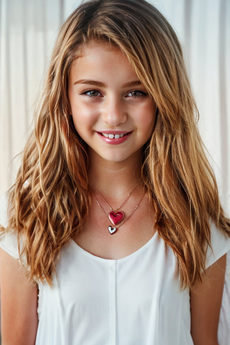 White drapes in background, enhanc3d, 13 year old girl, long straight blonde hair, upper body portrait, grin, super detailed face, realistic eyes, realistic skin texture, heart necklace,  low cut v top, 8k uhd, dslr, brightly lit, high quality, (((E10)))