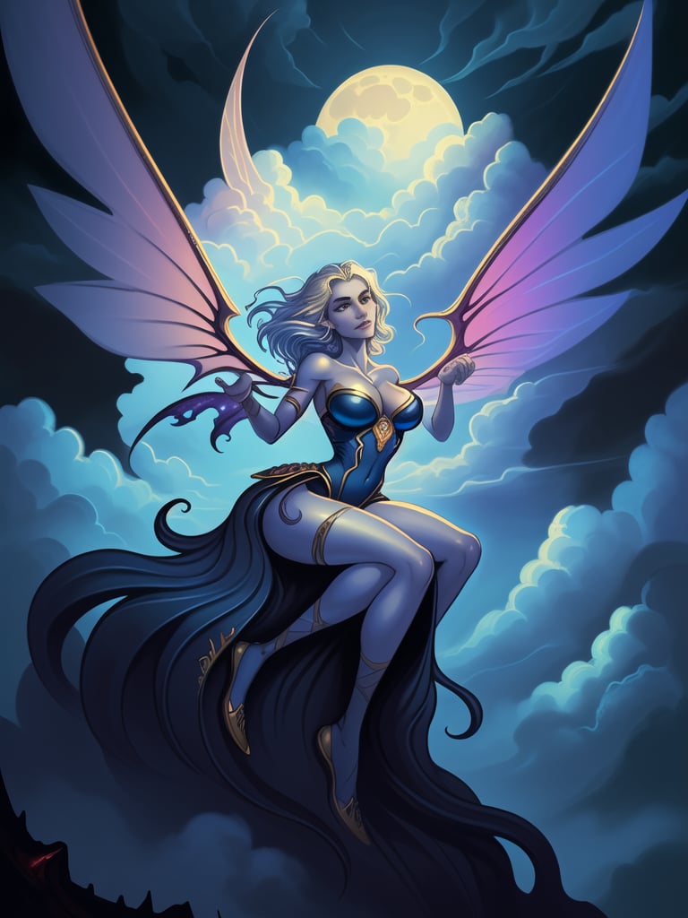 ((best quality)), ((masterpiece)), (detailed), alluring succubus, ethereal beauty, perched on a cloud, (fantasy illustration:1.3), enchanting gaze, captivating pose, delicate wings, otherworldly charm, mystical sky, (Luis Royo:1.2), (Yoshitaka Amano:1.1), moonlit night, soft colors, (detailed cloudscape:1.3), (high-resolution:1.2)