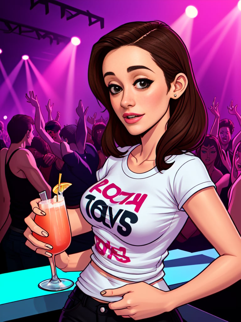 Emmy Rossum serving cocktails at a rave nightclub, Hooters shirt, 