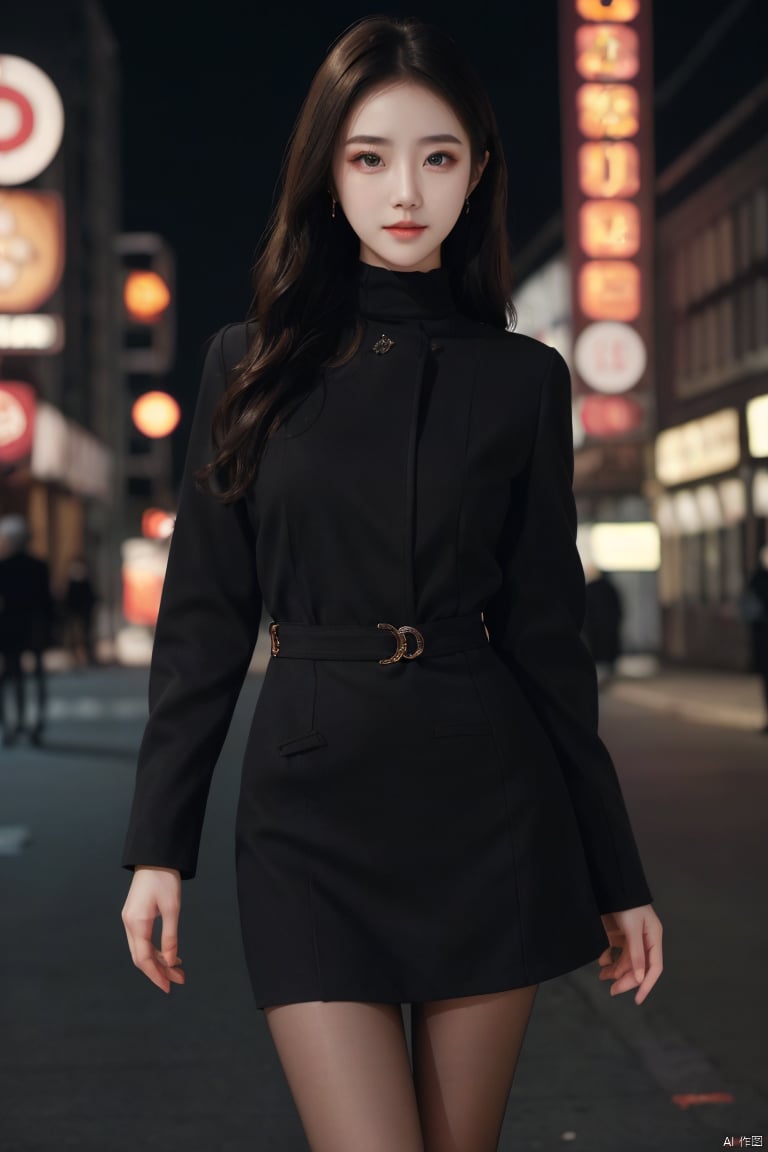 1girl,fashion model,female focus,(masterpiece, realistic, best quality, highly detailed,profession),asian,Charming eyes,exquisite facial features,pretty,dress,black pantyhose,outdoors,soft lighting,neon,cinematic composition,blurry,plns,hs, , Light master