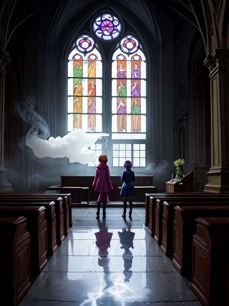 Daphne Blake and Velma Dinkley are looking for ghosts in an old church organ, lots of smoke and fog, light rays  through the windows, dark room, ghosts swirling around, a dog named Scooby Doo, add_detail, masterpiece, 