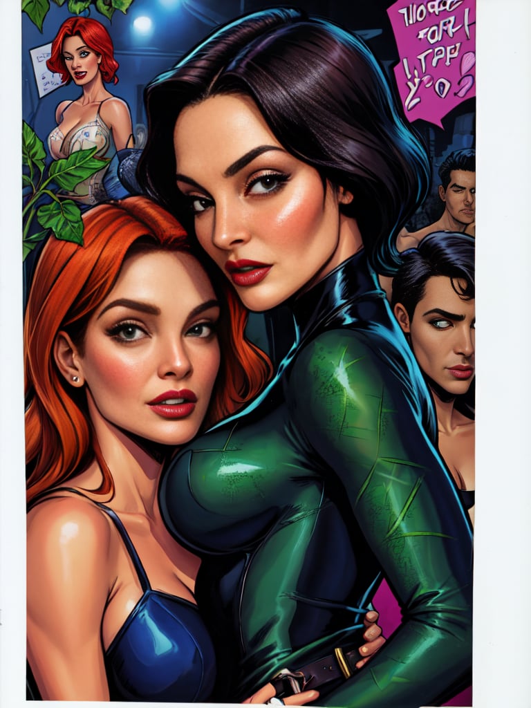 add_detail, masterpiece, michelle pfeiffer as Catwoman and and Uma Thurman as Poison Ivy, comic, 