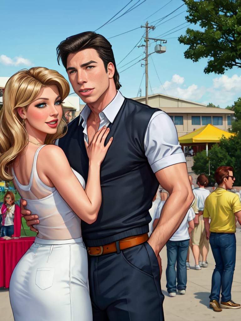 add_detail, masterpiece, John Travolta and Olivia Newton John at the school carnival, scene from Grease, 