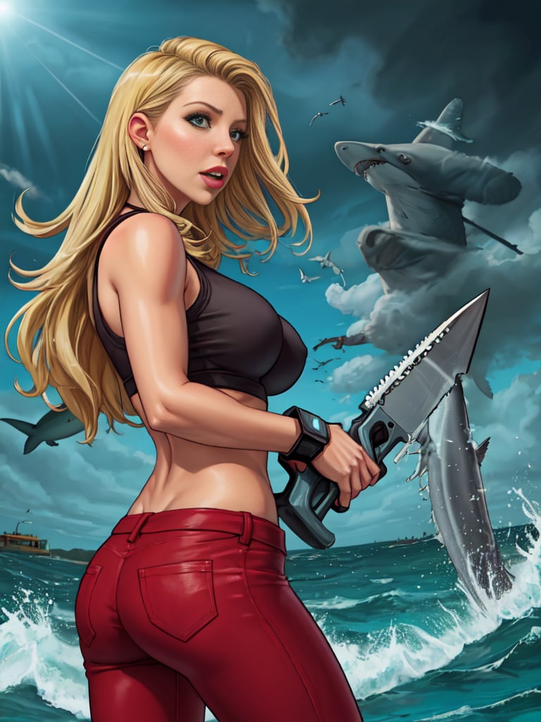 add_detail, masterpiece, Tara Reid is battling a Sharknado - a Tornado with a bunch of sharks in it, chainsaw as a prosthetic hand, 