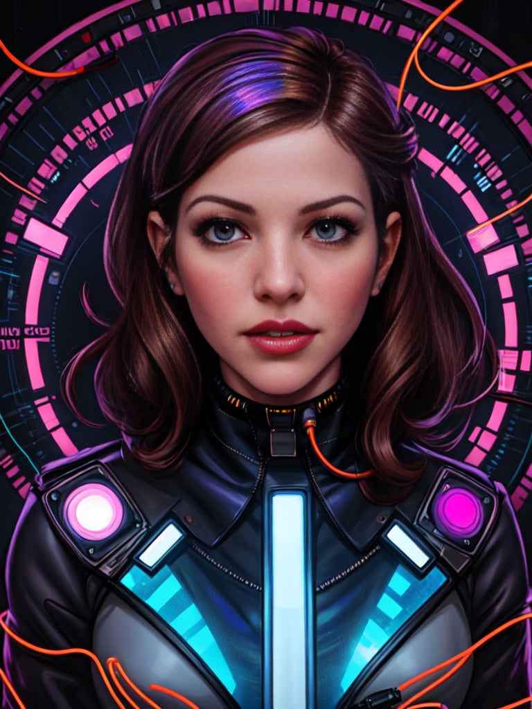 hyperreal, ultrarealistic, detailed, add_detail, masterpiece, Katharine McPhee is in the Mind Control Machine, wires connected to her head, holographic display, spirals, hypnotic lights, 