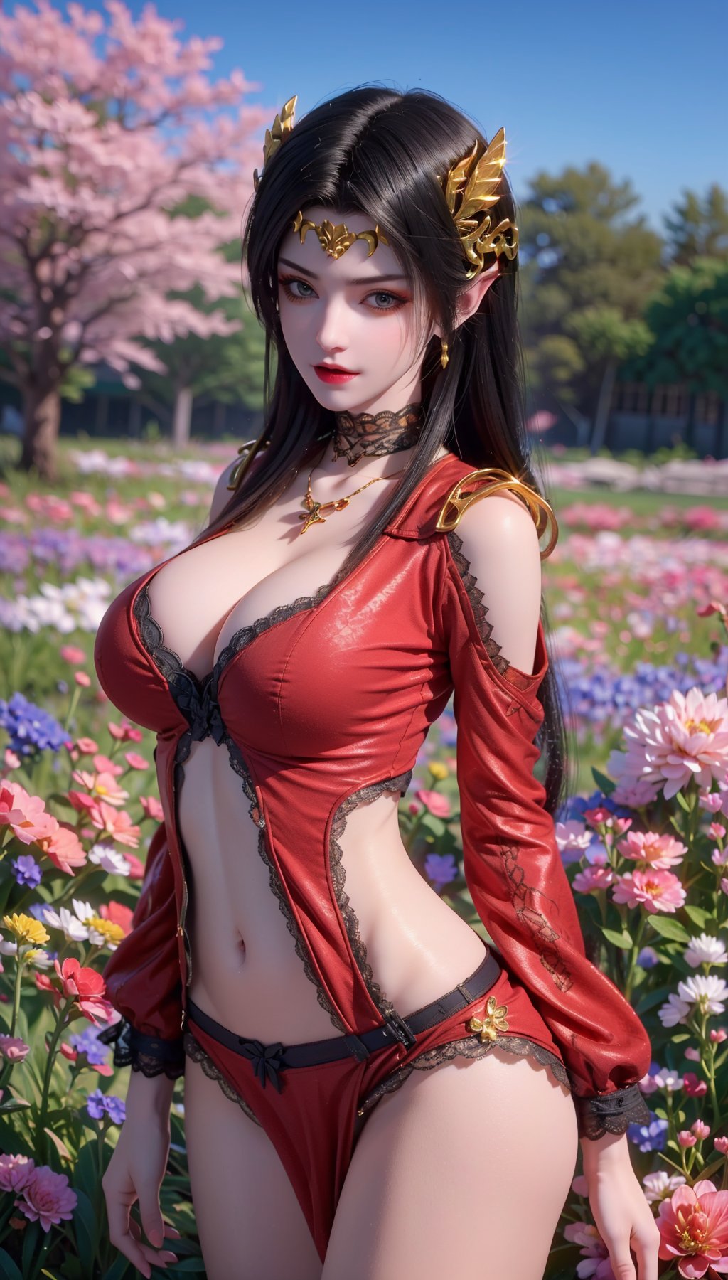 8k, 4k, ultrares, highres, (masterpiece,  top quality,  best quality), extreme detailed, colorful:1.4, highest detailed, ultra-detailed, (highly detailed CG illustration), (Vivid Colors:1.1),  1girl,  solo,  looking at viewer,  cowboy shot,  flower field,  lie:1.5, bigs breast, slim waist, slim figure,  (red clothes), (black hair), (mischievous faceround face:1.2),  (nsfw:1.2),  (thin lace underwear:1.5), smooth shiny skin:1.2, sailor collar, (wide shot:1.5),  sky,<lora:EMS-282596-EMS:0.600000>,<lora:EMS-80265-EMS:0.300000>,<lora:EMS-53987-EMS:0.100000>,<lora:EMS-290519-EMS:0.800000>,<lora:EMS-285694-EMS:0.300000>,<lora:EMS-90976-EMS:0.300000>