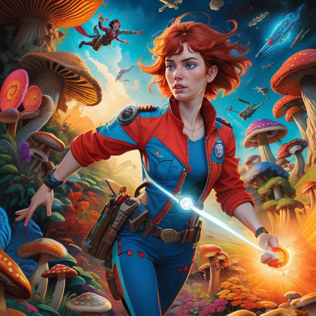 extremely detailed and realistic (brightly colored digital comic art with stroked outlines), Jia Lissa, Buckaroo Banzai Across the 5th Dimension, mushrooms, acid, flying pocket watches, vibrant colors, temporal vortex,