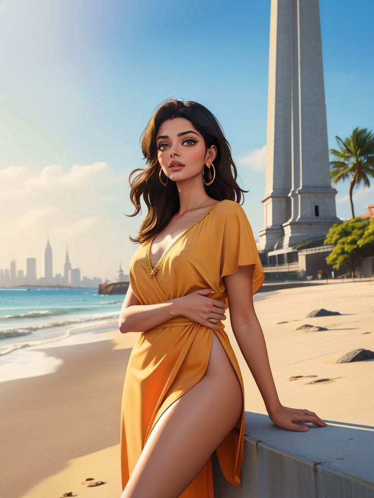 3/4 portrait, modelshoot, beautiful woman,  aishwariya rai wearing sailor dress,  beach, tropical, palm trees, sunrise, sunny, serene, relaxing,  masterpiece, best quality, (style of yellow theme:1.3), (style of skyscraper:1.3), (style of crystal:1.3)