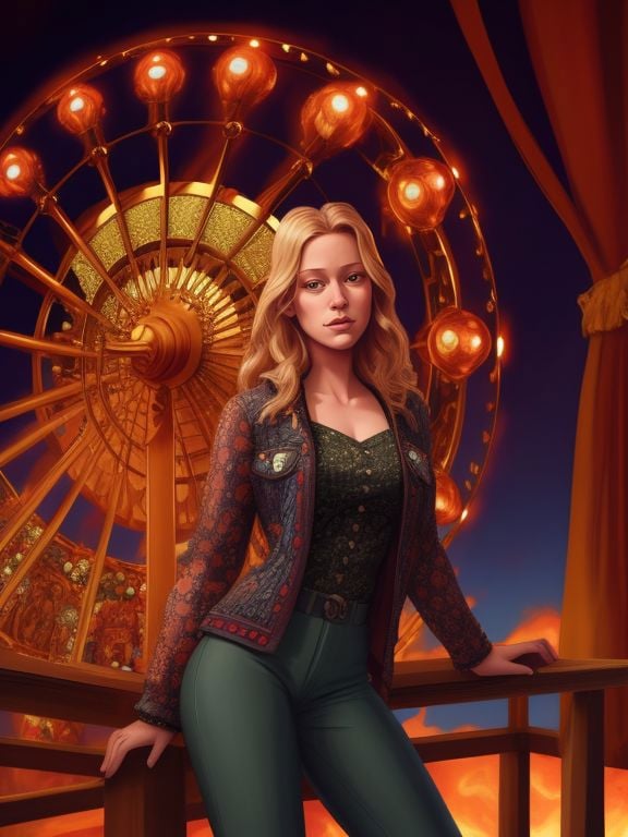 Extremely Detailed Digital CG Art Portrait, art dan mumford woodcut by rfoo Teri Polo inside of a ferris wheel, indoors