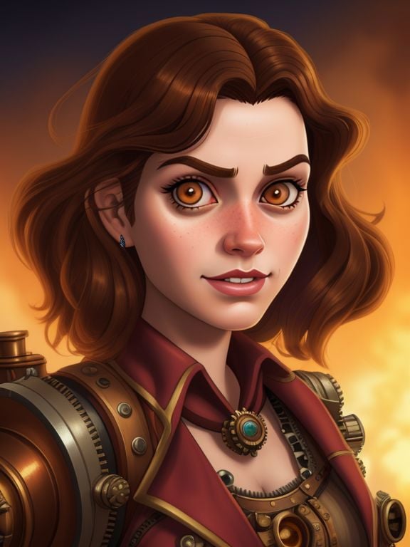 Headshot, Extremely Detailed Digital CG Art, LucasArts Game CG Style, Overly Attached Girlfriend is a steampunk matador, 