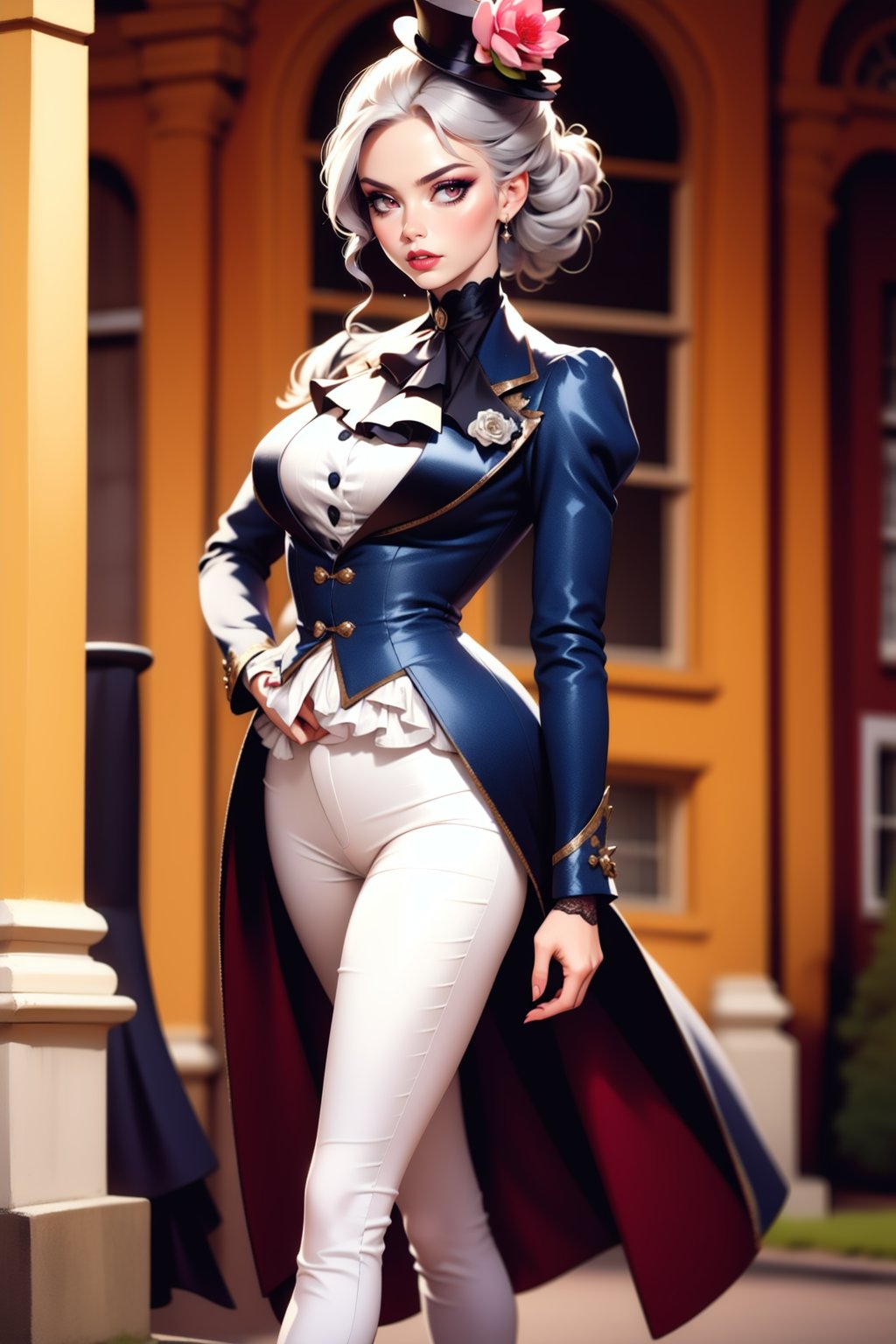 cinematic film still 1girl, solo, adult mature woman, high quality, best quality, highres, high detail,   <lora:VictorianRidingOutfit:0.75>, r1d3r, (silver ornate formal jacket), long sleeves, (tailcoat), crimson striped pants,  ascot, frills,  high collar,  high heel boots, cuffs, buttons, flower, puffy sleeves, cleavage cutout, breasts apart, lace, parted lips, eyeliner, eyeshadow, makeup, glitter lips, [mini top hat]   . shallow depth of field, vignette, highly detailed, high budget, bokeh, cinemascope, moody, epic, gorgeous, film grain, grainy