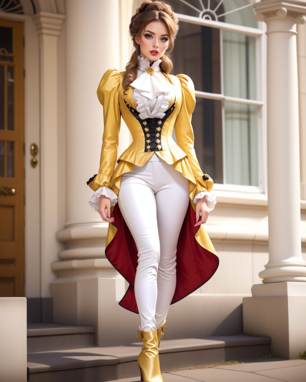 1girl, solo, adult mature woman, high quality, best quality, highres, high detail, <lora:VRO-52:0.75>, r1d3r, (white formal gilded ornate jacket), long sleeves, (tailcoat), white pants, ascot, frills, contrapposto, high collar,  high heel boots, cuffs, buttons, flower, puffy sleeves, cleavage cutout, breasts apart, corset,  parted lips, eyeliner, eyeshadow, makeup, ((lip liner))  