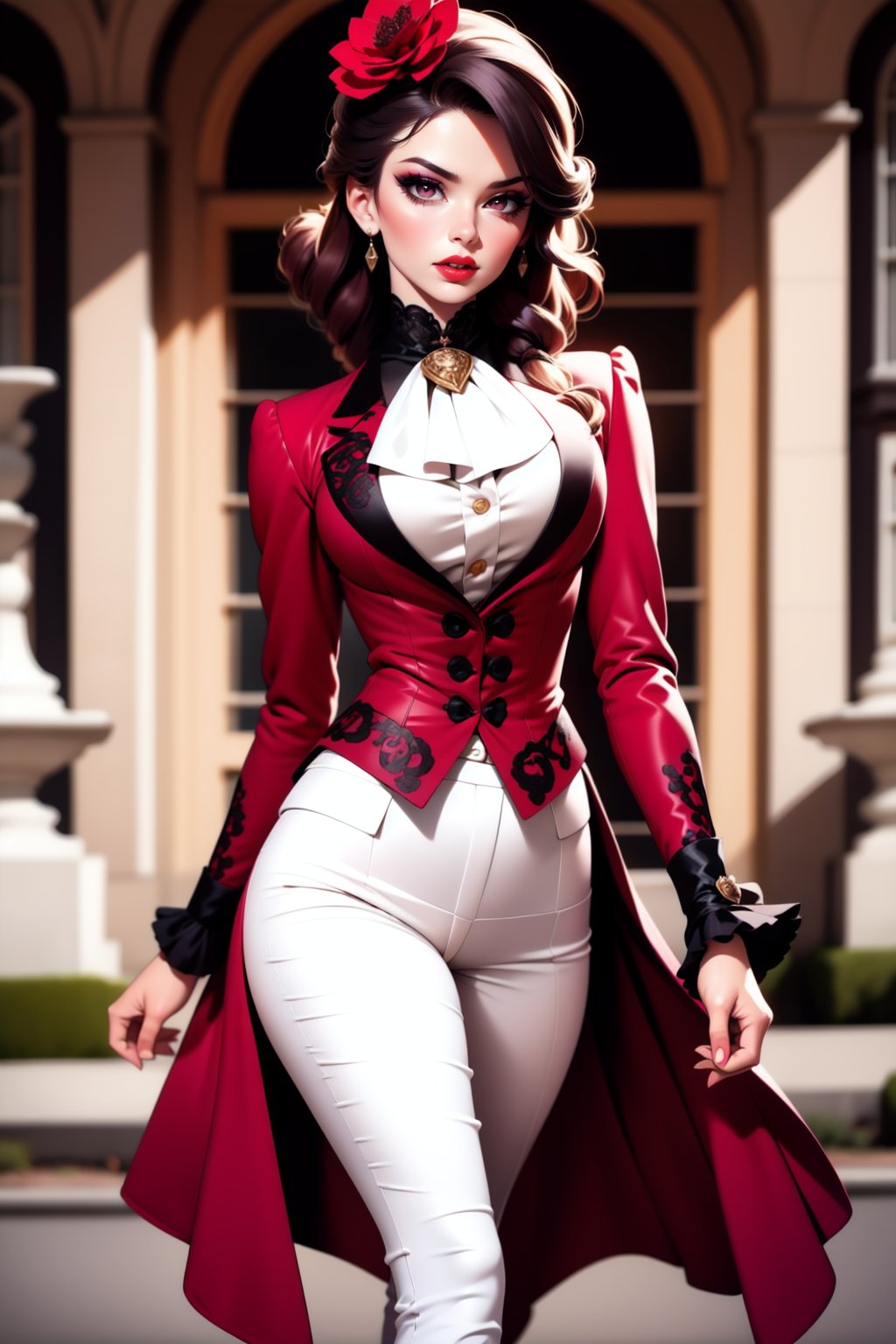 cinematic film still 1girl, solo, adult mature woman, high quality, best quality, highres, high detail,   <lora:VictorianRidingOutfit:0.75>, r1d3r, (red  ornate:1.2 formal jacket), long sleeves, (tailcoat), crimson striped pants,  ascot, frills,  high collar,  high heel boots, cuffs, buttons, flower, puffy sleeves, cleavage cutout, breasts apart, lace, parted lips, eyeliner, eyeshadow, makeup, red lips, [mini top hat]   . shallow depth of field, vignette, highly detailed, high budget, bokeh, cinemascope, moody, epic, gorgeous, film grain, grainy