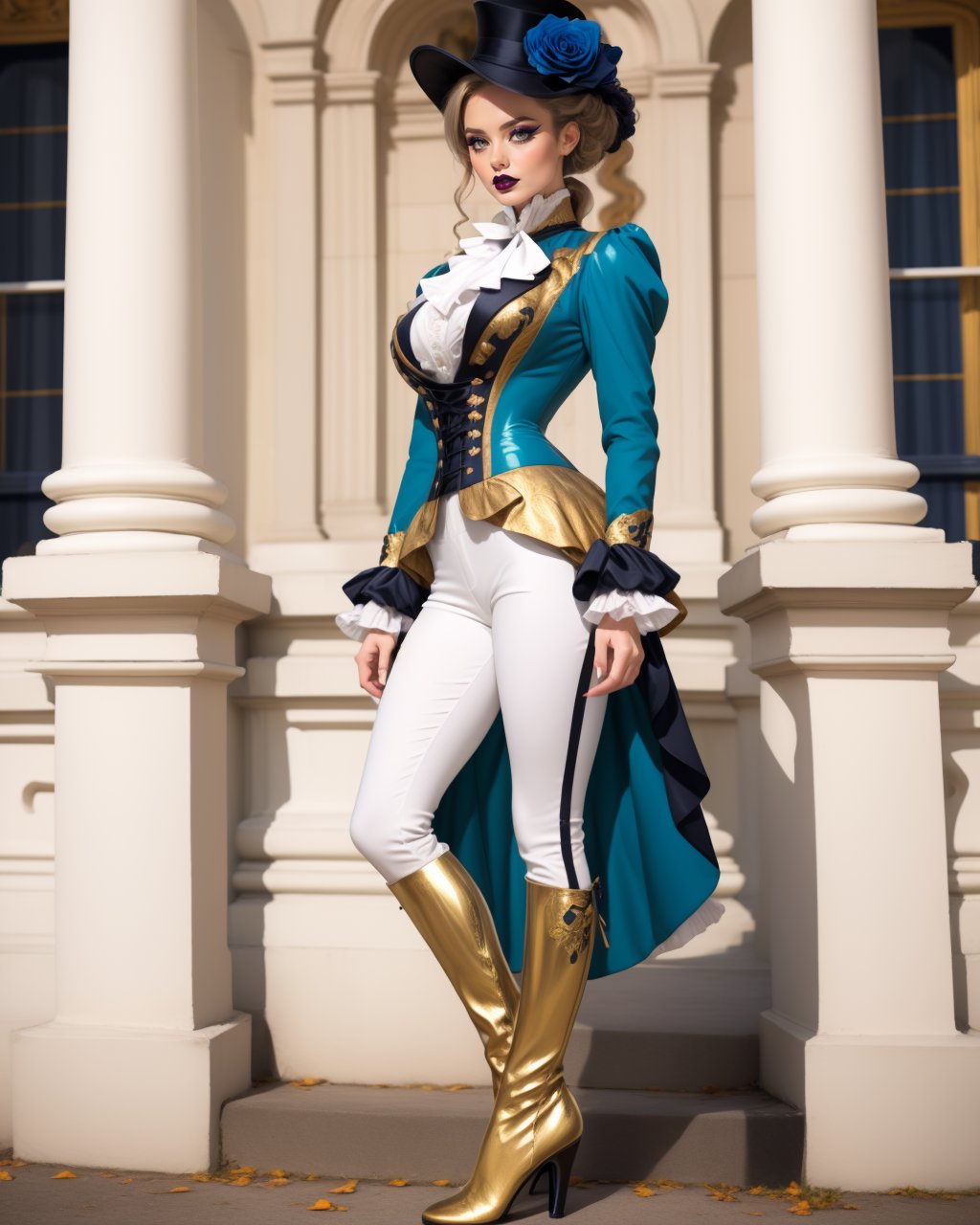 1girl, solo, adult mature woman, high quality, best quality, highres, high detail, <lora:VRO-52:0.75>, r1d3r, (white formal gilded ornate suit), long sleeves, (tailcoat), white pants, ascot, frills, contrapposto, high collar,  high heel boots, cuffs, buttons, flower, puffy sleeves, cleavage cutout, breasts apart, corset,  parted lips, eyeliner, eyeshadow, makeup, black lips  hat,