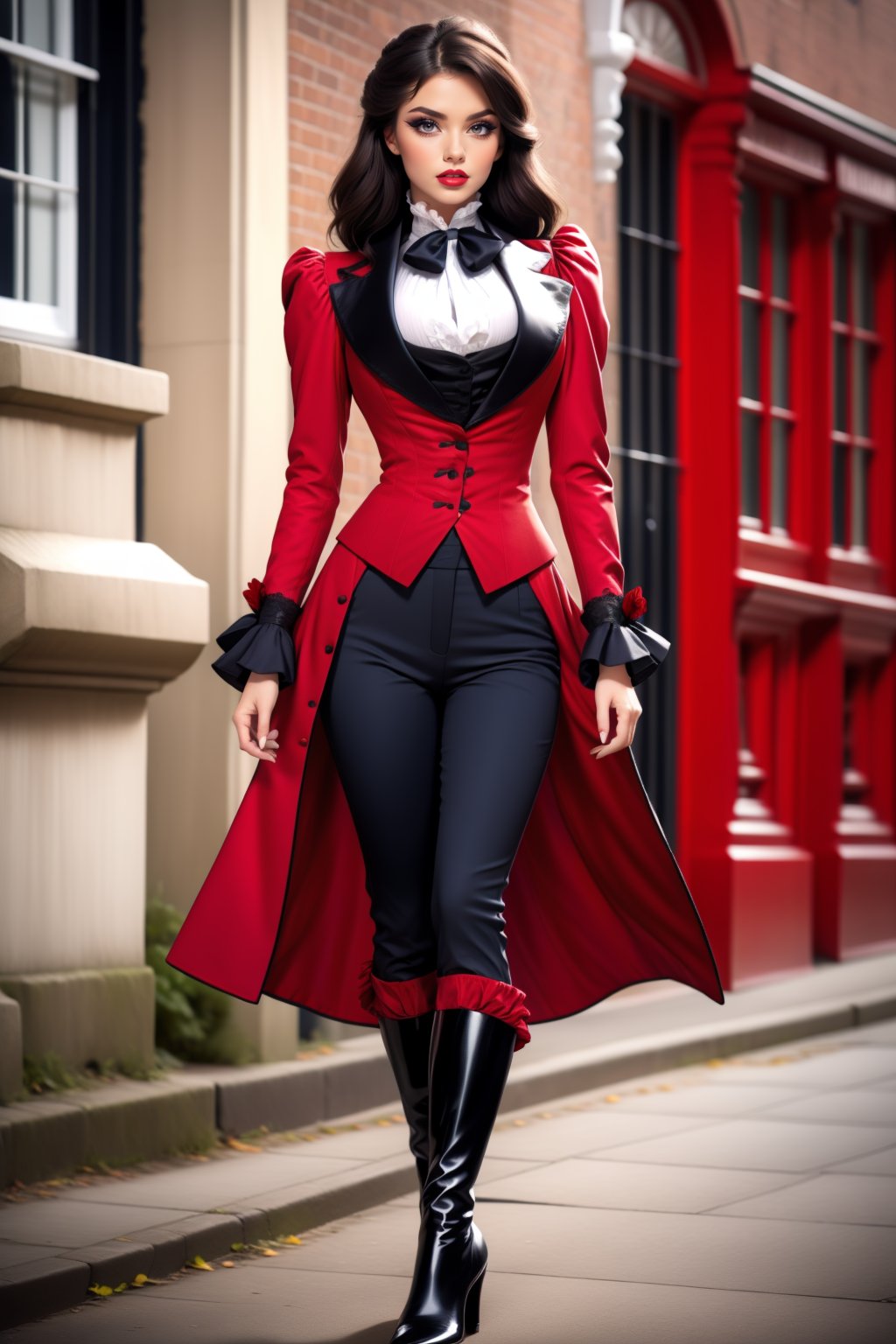 1girl, solo, adult mature woman, high quality, best quality, highres, high detail, ((dark hair)) hair, <lora:VRO-52:0.75>, r1d3r, (formal jacket), long sleeves, (tailcoat), crimson striped pants,  ascot, frills, contrapposto, high collar,  high heel boots, cuffs, buttons, flower, puffy sleeves, cleavage cutout, breasts apart, lace, parted lips, eyeliner, eyeshadow, makeup, (rouge)