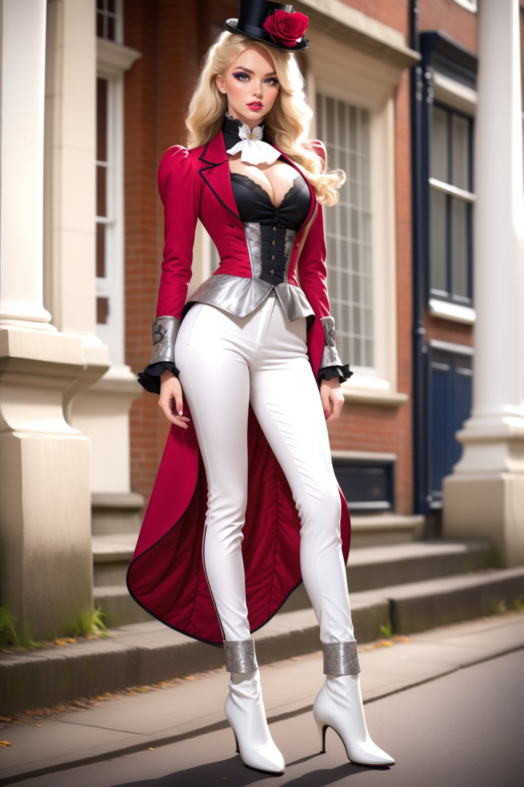 1girl, solo, adult mature woman, high quality, best quality, highres, high detail, ((blonde hair)) hair, <lora:VictorianRidingOutfit:0.75>, r1d3r, (silver ornate formal jacket), long sleeves, (tailcoat), crimson striped pants,  ascot, frills, contrapposto, high collar,  high heel boots, cuffs, buttons, flower, puffy sleeves, cleavage cutout, breasts apart, lace, parted lips, eyeliner, eyeshadow, makeup, ((lip liner)), [mini top hat]